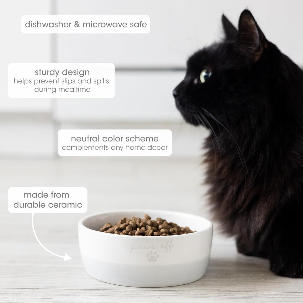 Ceramic Paws off Cat Bowl, Holds 1.3 Cups, Whisker-Friendly Pet Dish for Food and Water, Microwave and Dishwasher Safe, Small