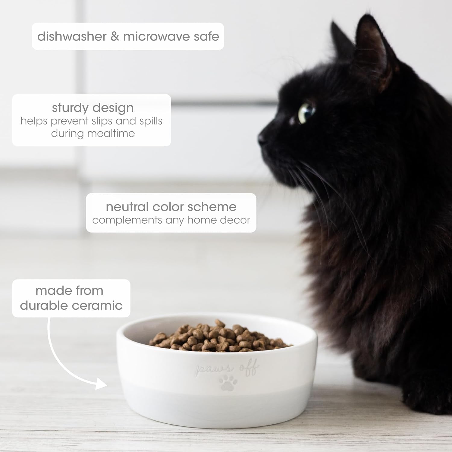 Ceramic Paws off Cat Bowl, Holds 1.3 Cups, Whisker-Friendly Pet Dish for Food and Water, Microwave and Dishwasher Safe, Small